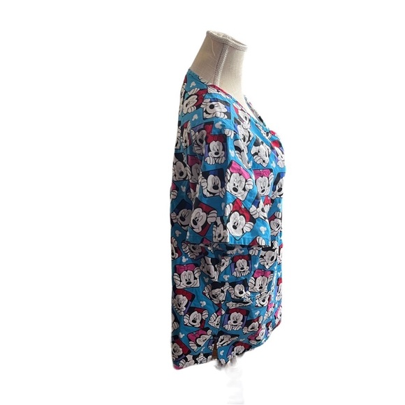 Disney Mickey & Minnie Mouse Print Women Blue V-Neck Short Sleeve Scrub Top Sz L - Picture 3 of 16